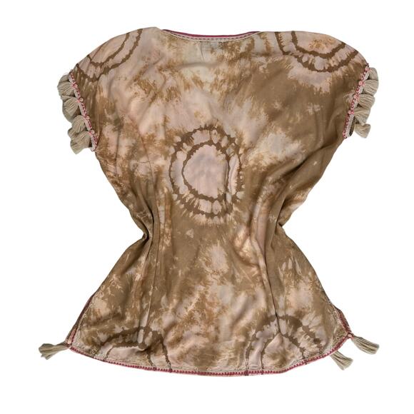 Tie Dye Kaftan Tunic Small Pink Tan Boho Chic Embroidery Tassels Festival Hippie - Picture 13 of 16